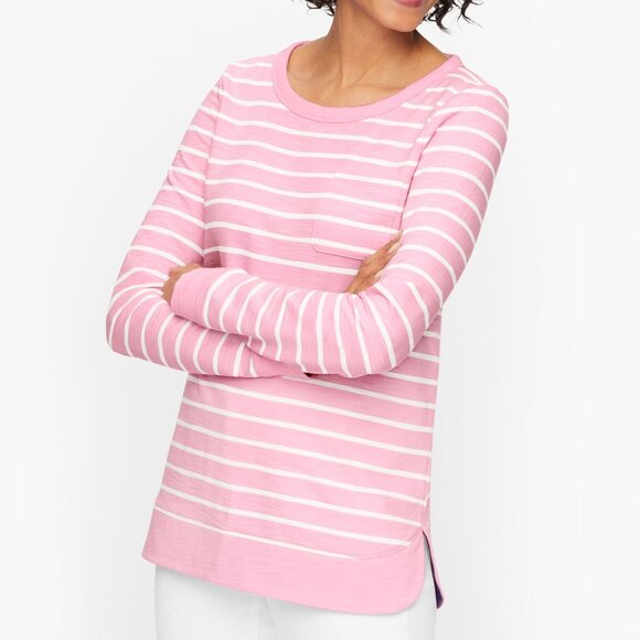 Talbots L Curved Hem Lightweight Sweatshirt Pink Stripe Long Sleeve 100% Cotton - Picture 1 of 12